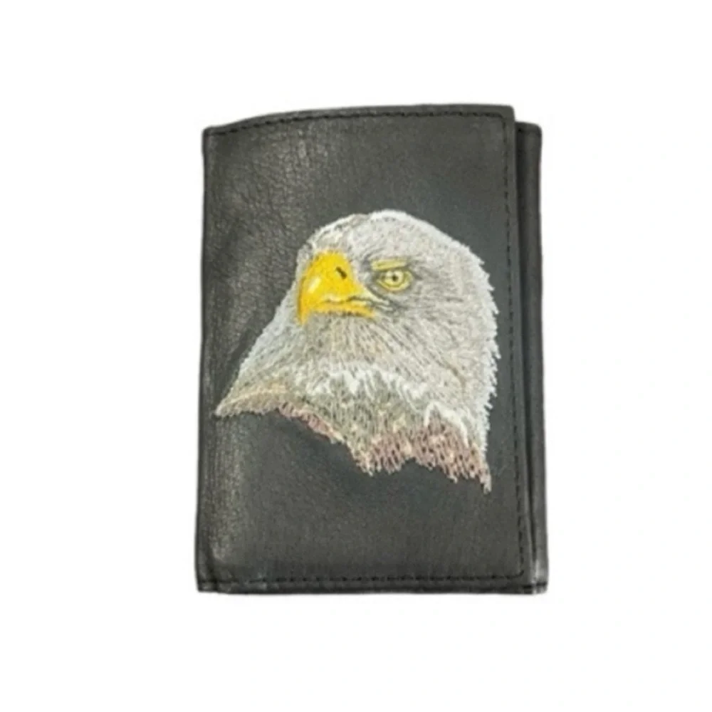 leather trifold men’s wallet‎ embroidered eagle NWT